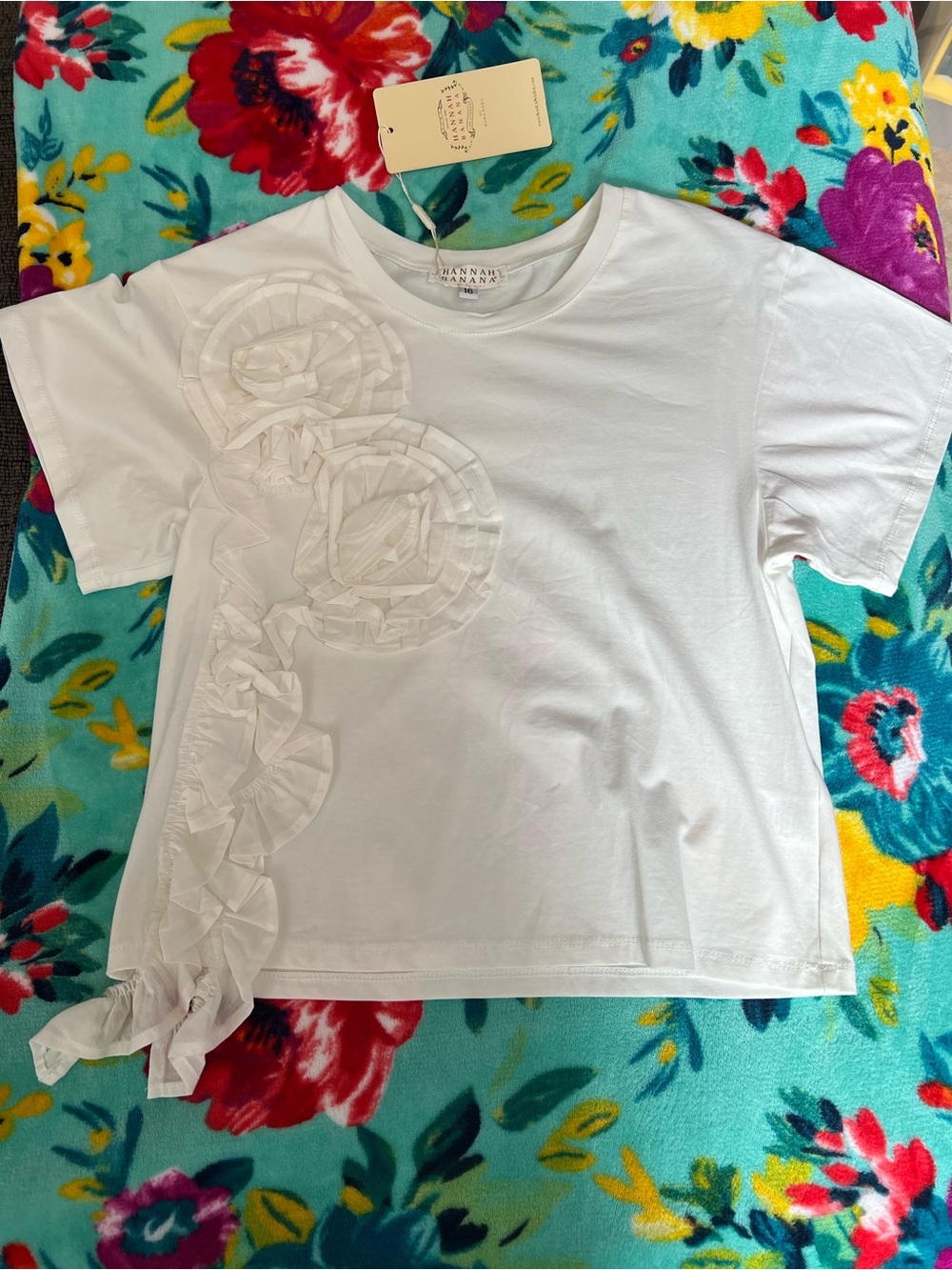 Hannah Banana White Short Sleeve Tee with Ruffle Rosette Detail